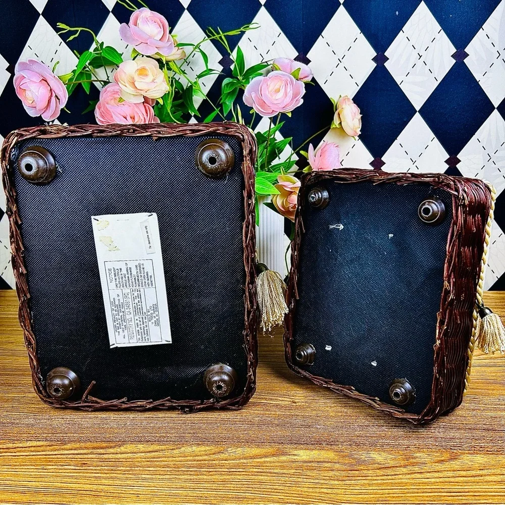 French‎ Country Toile Boxes Wicker Lined Tassel Pair Vintage Luxury